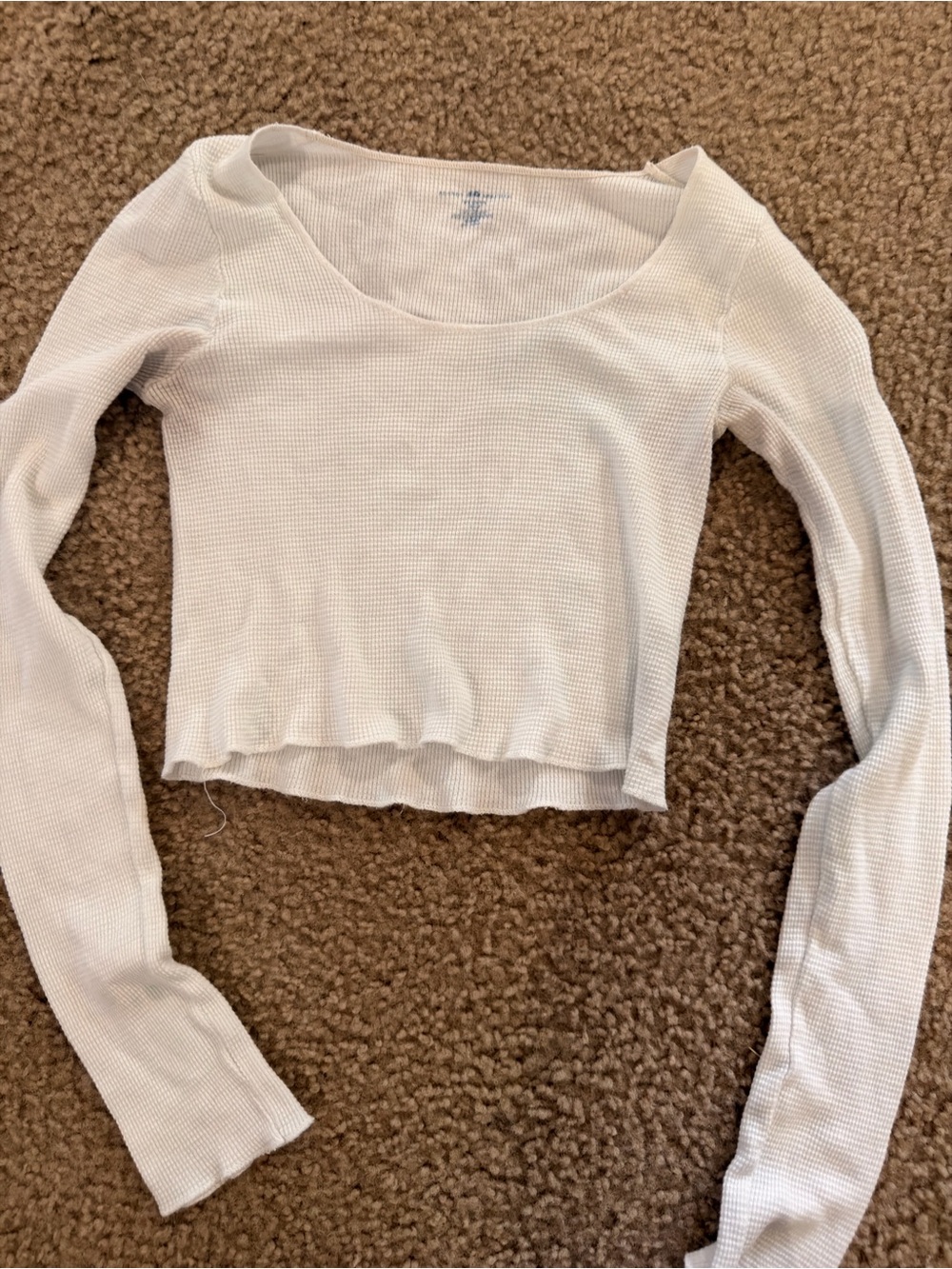 Brandy Melville White Long-Sleeve Cropped Waffle Top